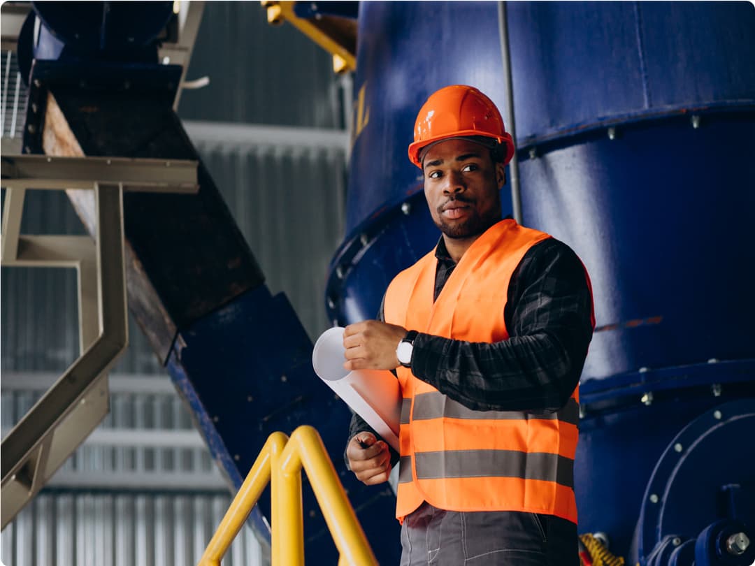 Industrial worker in safety gear at manufacturing facility